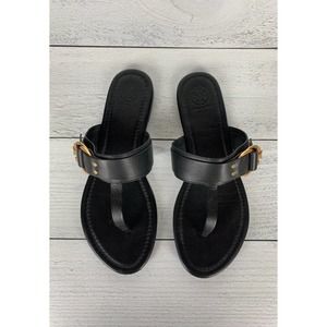 Tory Burch Women's Size 8.5 Black MARSDEN Logo Buckle Flat Thong Leather Sandals